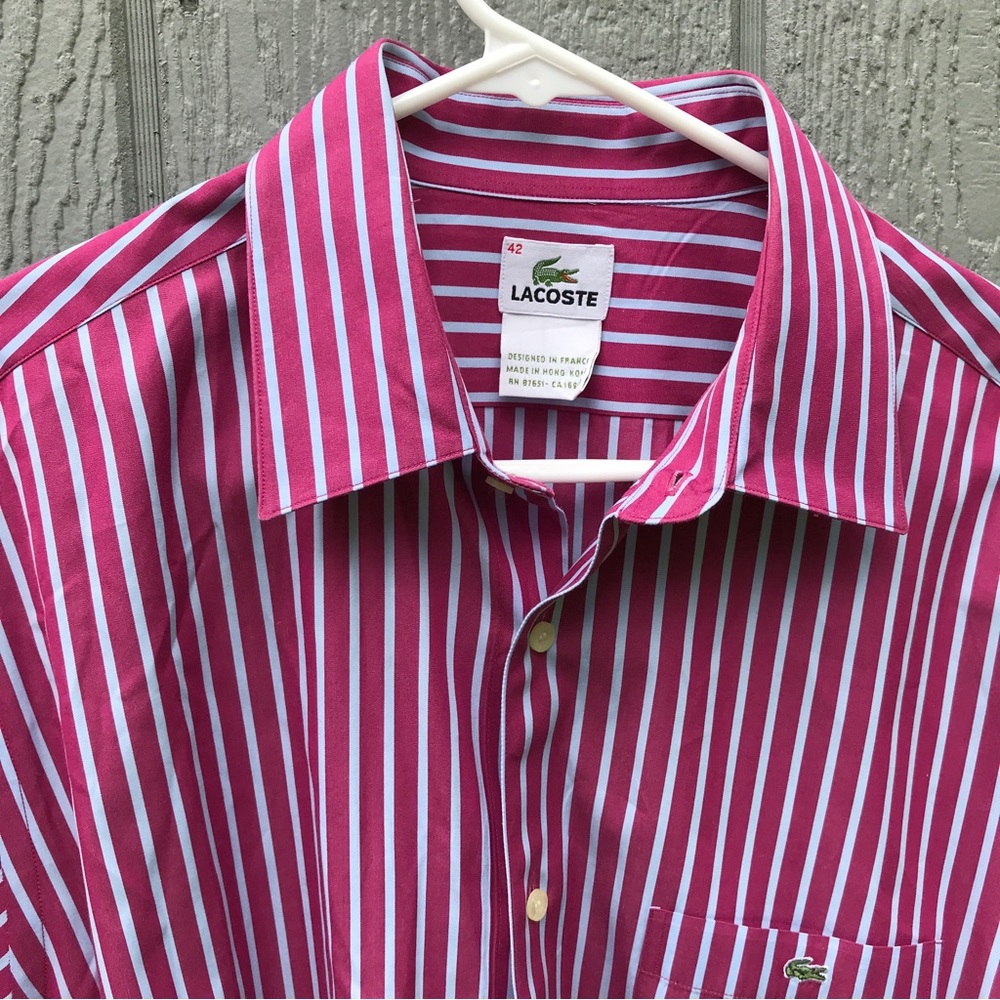 - Lacoste Dress Shirt Size 42 Pink and White Pinstriped - Picture 7 of 8